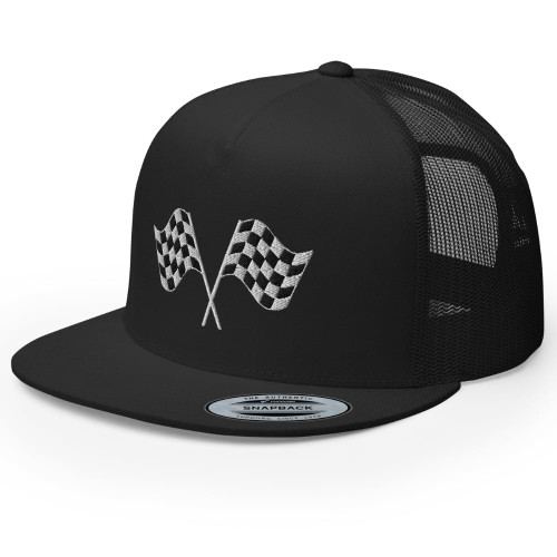 RIVEMUG Pit Crew Racing Checkered Flag Embroidered Trucker Hat Flat Bill High Crown Adjustable Race Hat Black