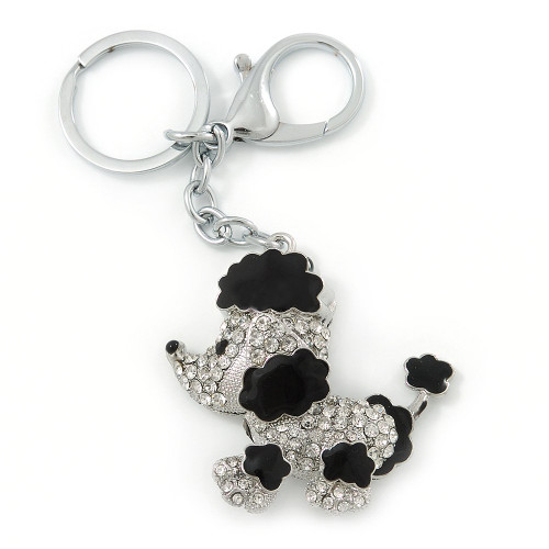 Avalaya Silver Tone Clear Crystal, Black Enamel 'Dog' Keyring/Bag Charm -10cm Length