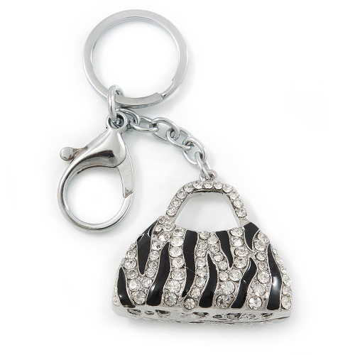 Avalaya Rhodium Plated Clear Crystal, Black Enamel Puffed Bag Keyring/Bag Charm - 9cm Length Avalaya Rhodium Plated Clear Crystal, Black Enamel Puffed Bag Keyring/Bag Charm - 9cm Length