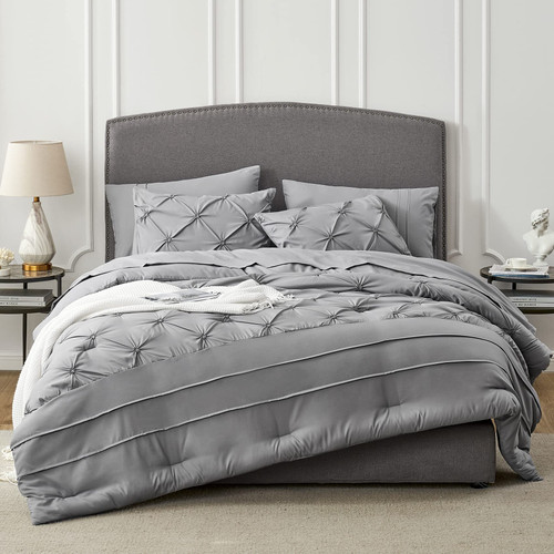 Hansleep Pintuck Queen Comforter Sets - 7 Pieces Queen Bed in A Bag, Grey Bedding Sets Queen with Pinch Pleat Comforters, Sheets, Shams & Pillowcases Full Queen Size Bed Set