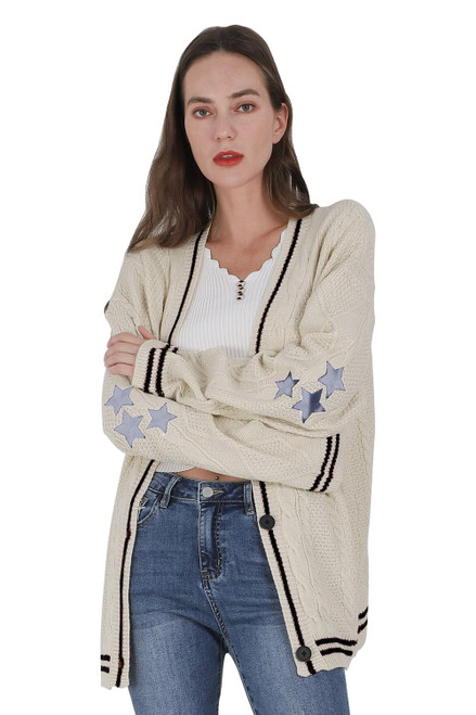 ebossy Women's Open Front Stars Embroideried Cable Knit Cardigans Button Down Sweater Outwear (S, Beige)