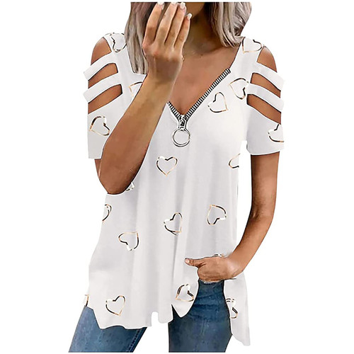 Off The Shoulder Tops for Women Casual Short Sleeve Summer Tops Sexy Zipper V Neck Blouses Heart Print T Shirt Red