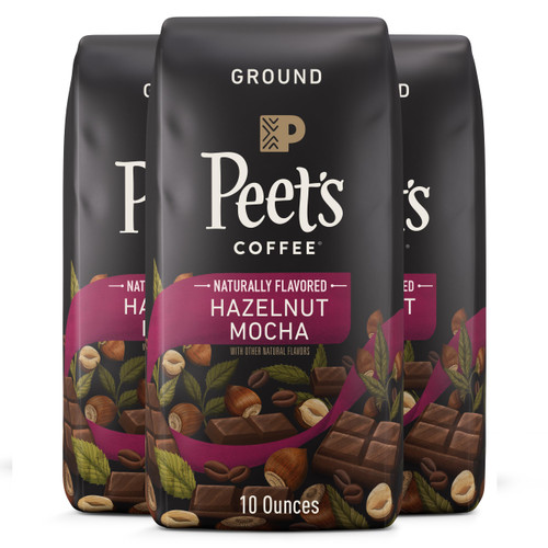 Peet's Flavored Coffee, Hazelnut Mocha Ground Coffee, 30 Ounces (Three Bags of 10oz), Light Roast