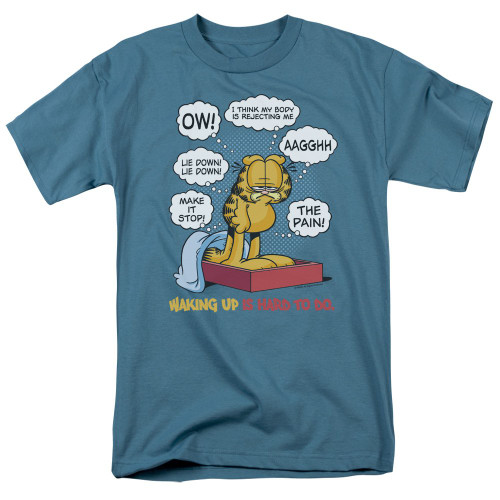 Garfield Waking Up is Hard to Do Unisex Adult T-Shirt for Men and Women, Small Slate
