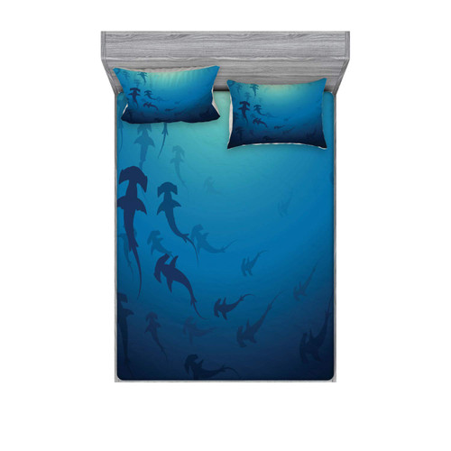 Ambesonne Sea Animals Fitted Sheet & Pillow Sham Set, Hammerhead Shark School Scan Ocean Dangerous Predator Wild Nature Illustration, Decorative Printed 3 Piece Bedding Decor Set, Full, Ocean Blue