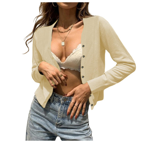 Womens Cardigans Lightweight Trendy Knit Open Front Cropped Cardigan Solid Long Sleeve Button Down Loose Outwear Beige
