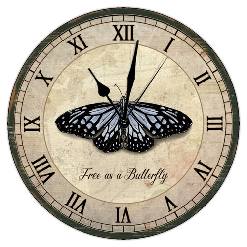 Rustic Free As A Butterfly Hanging Wall Clock Battery Non Ticking Silent Wooden Clocks Butterfly Papilio Machaon Wall Clocks Farmhouse Wall Decor 12inch Round Clock for Laundry Room Bedroom