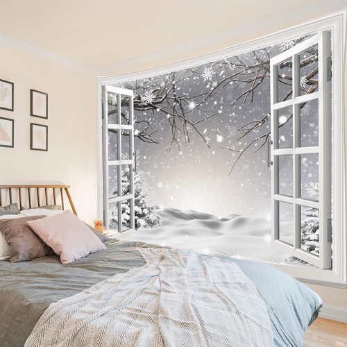 LB Winter Tapestry Wall Hanging Winter Snow Scene Falling Snowflake Wall Tapestry for Bedroom Outside Window Nature Scenery Snowy Forest Tree Tapestry for Living Room College Dorm Decor, 92Wx70H inch