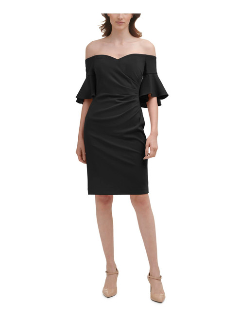 Calvin Klein Womens Black Stretch Zippered Pleated Bell Sleeve Sweetheart Neckline Above The Knee Formal Sheath Dress 2