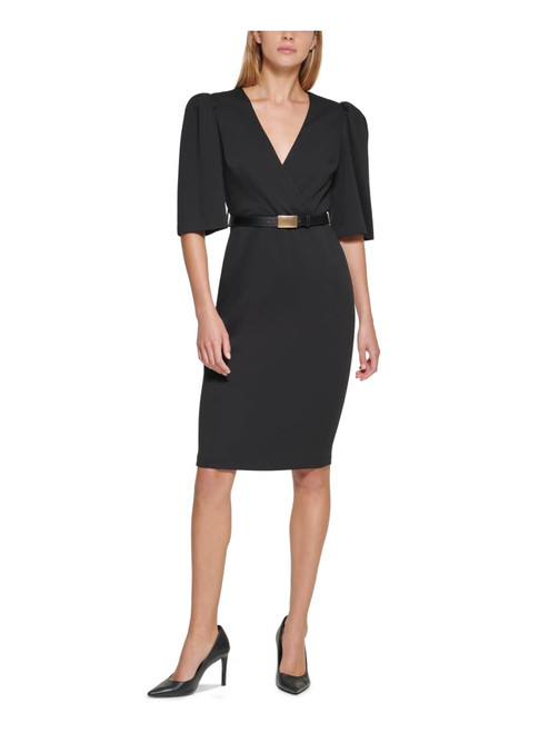 Calvin Klein Womens Black Stretch Zippered Belted Darted Slitted Pouf Sleeve Surplice Neckline Knee Length Wear to Work Sheath Dress Petites 6P