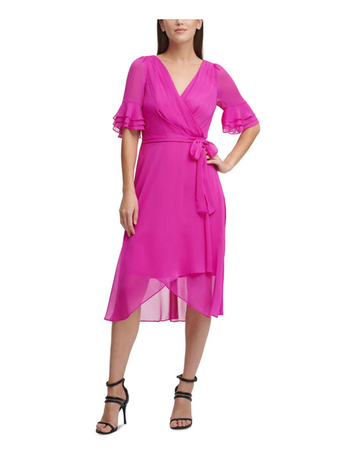 DKNY Womens Pink Zippered Ruffled Tie Belt Hi-lo Hem Elbow Sleeve Surplice Neckline Midi Wear to Work Faux Wrap Dress 8