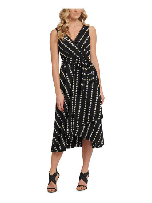 DKNY Womens Black Zippered Floral Sleeveless Surplice Neckline Midi Wear to Work Wrap Dress 2