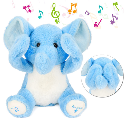 Hopearl Peek A Boo Elephant Interactive Repeats What You Say Plush Elephish Toy Musical Singing Talking Stuffed Animal Adorable Electric Animate Birthday Festival, Blue, 11.5''