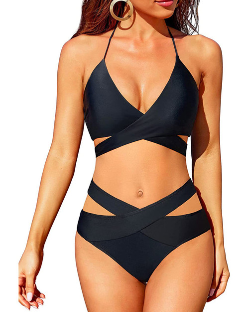 Holipick Two Piece Bikini Sets for Women High Waisted Bikini Push Up Swimsuit Halter Wrap Criss Cross Bathing Suit Black