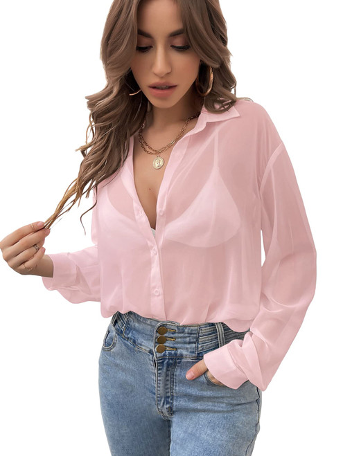 Verdusa Women's Sheer Mesh Button Down Shirt Top Long Sleeve Drop Shoulder Blouse Pink M