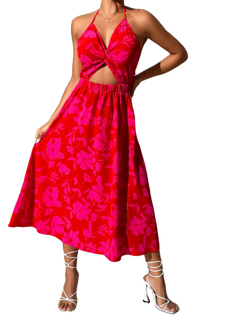 WDIRARA Women's Allover Floral Print Twist Front Backless Sleeveless Cut Out Tie Back Halter Midi Dress Hot Pink S