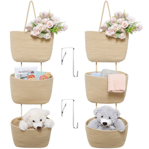 Pinkunn 2 Pcs Over The Door Hanging Basket 3 Tier Hanging Wall Basket Decorative Nursery Organizers and Storage Woven Cotton Rope Basket Wall Mounted Hanging Storage Basket for Kitchen Laundry Decor