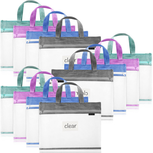 Student Book Pouches with Handle Mesh Zipper Pouch Take Home Mesh Pouch Document Bag Transparent Mesh File Tote Bag Pouch for A4 Files Books, 14 x 11 Inch (12 Pcs)