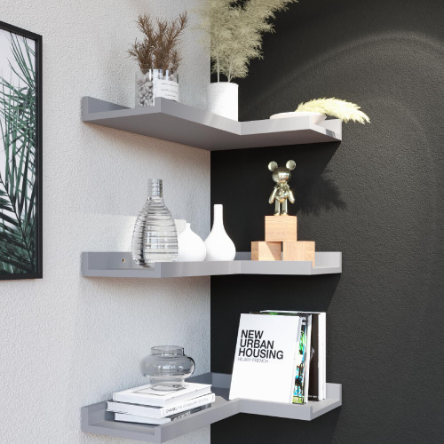 Boswillon 3 Tier Corner Floating Shelves with Protective Lip, Modern Corner Shelves Wall Mounted, Corner Ledge Shelves for Wall Decor, Grey Shelves for Living Room, Bedroom, Bathroom - Gray