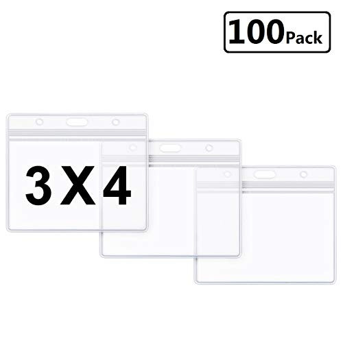 Horizontal ID Badge Holder Clear Plastic Name Tag Holder 3x4 Waterproof ID Card Holders by LONOVE (100 Pack, Large 3x4)