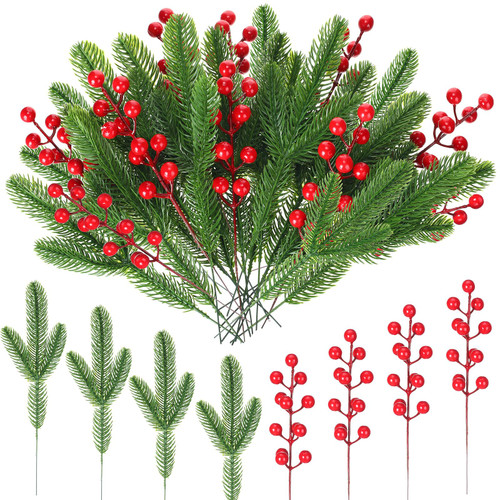 Ceenna 100 Pcs Christmas Artificial Pine Needles Branches Red Berry Stems Fake Greenery Pine Picks Christmas Holly Red Berry Picks for DIY Wreath Garland Xmas Tree Decoration Craft (Classic Style)