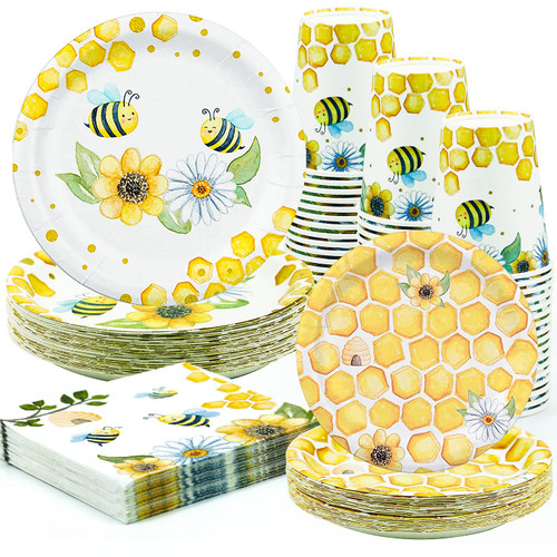 PYCALOW Bee Tableware Party Decorations - Bumble Bee Themed Party Supplies Including Plates, Cups, Napkins, for Happy Honey Bee Day Baby Shower Birthday Party Decorations | Serve 48