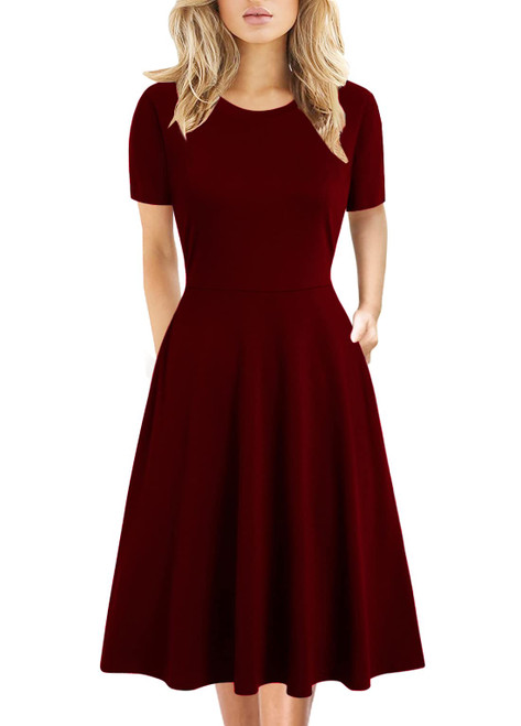 Women's Elegant Vintage Cotton Casual Floral Print Work Party A-Line Swing Dress with Pockets 162 (L, Burgundy-162)