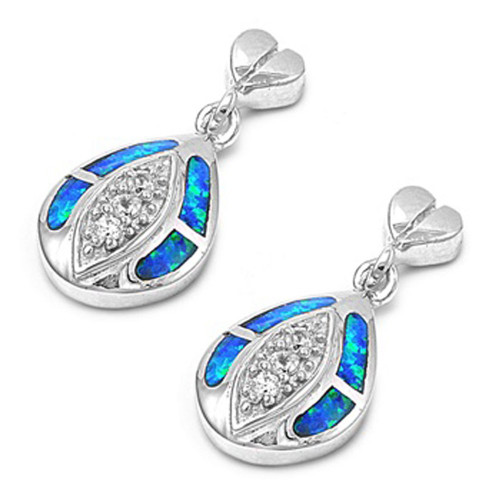 Funky Stacked Teardrop Heart Sparkly Blue Simulated Opal Clear Simulated CZ .925 Sterling Silver Earrings