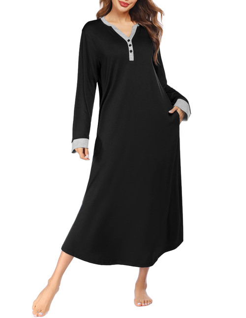 Ekouaer Long Sleeve Nightgown for Women Floor Length Sleepshirt Plus Size Lounge Dress Winter Sleepwear with Pockets S-4XL(Black, 4X-Large)