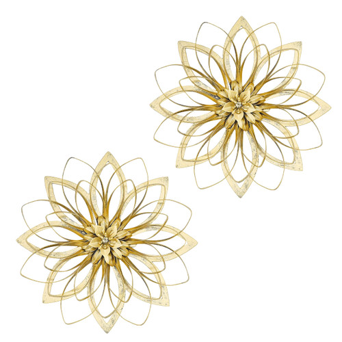 Remenna Flowers Wall Art-Metal Layered Floral Wall Decor Rustic Gold Wall Decorations for Farmhouse Bedroom Bathroom Living room Outdoor Garden Set of 2