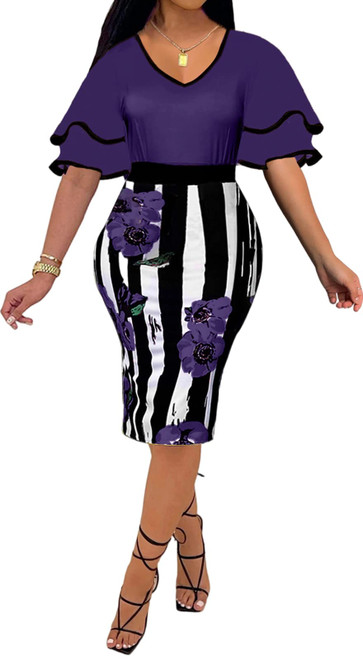 Church Dresses for Women Elegant Bodycon Short Ruffles Sleeve V-Neck Pencil Business Purple Dresses with Zipper Church Dresses for Women Elegant Bodycon Short Ruffles Sleeve V-Neck Pencil Business Purple Dresses with Zipper