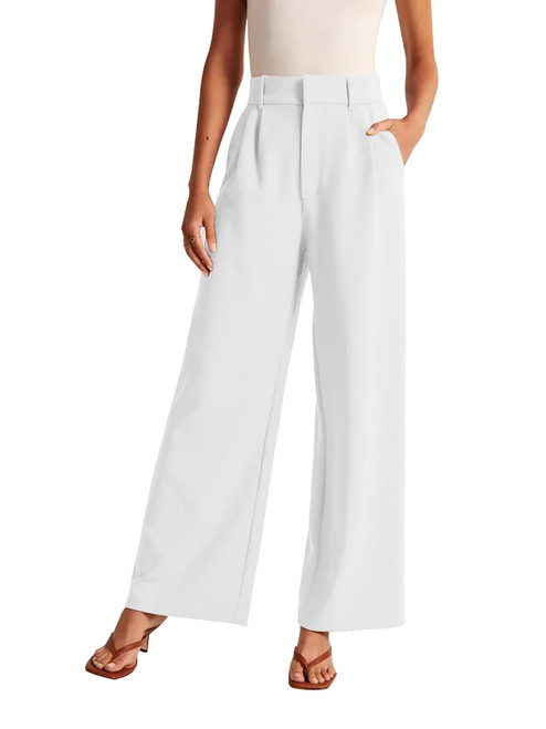 KUNMI Women's Wide Leg Pants Work Business Casual Loose High Waisted Dress Palazzo Flowy Trousers White