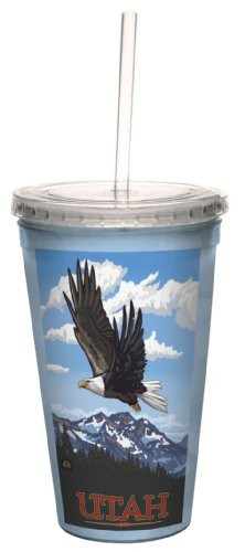 Tree-Free Greetings cc33311 Patriotic Utah Bald Eagle Soaring by Paul A. Lanquist Artful Traveler Double-Walled Cool Cup with Reusable Straw, 16-Ounce