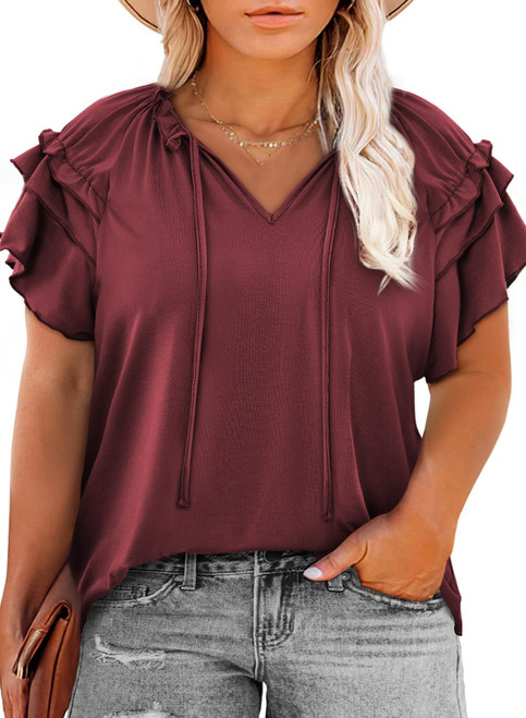 Eytino Womens Plus Size Ruffle Short Sleeve Tee Shirts Casual V Neck Drawstring Blouse Tops,3X Red
