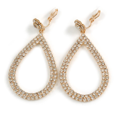 Statement Clear Crystal Large Teardrop Clip On Earrings In Gold Tone - 70mm Long