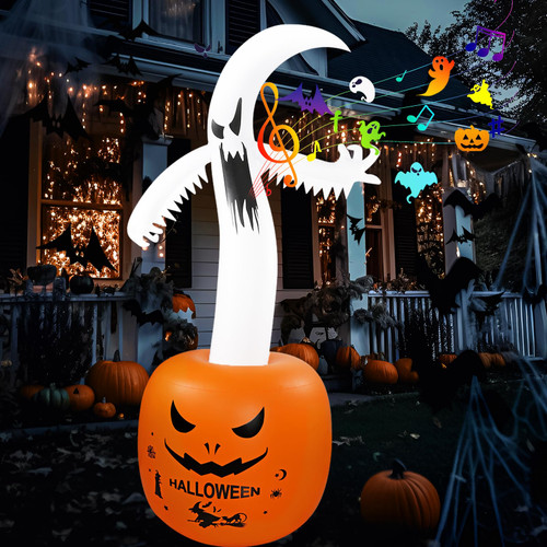 6FT Halloween Inflatables Outdoor Decorations Ghost Pumpkin Build-in Led & Scary Music,Blow Up Inflatables for Halloween Decorations Outdoor Indoor Yard Garden Lawn