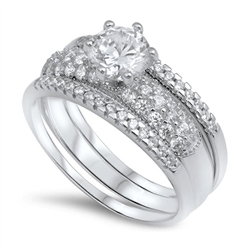 Solitaire Clear CZ Wedding Ring Set New .925 Sterling Silver Band Size 8