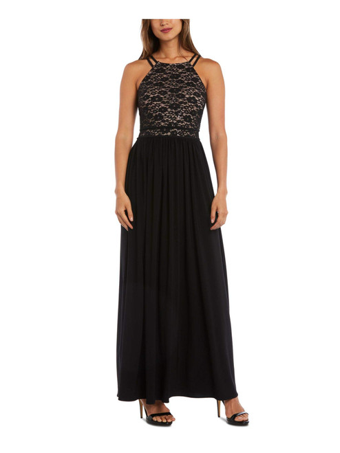 Nightway Womens Black Lace Solid Sleeveless Halter Full-Length Fit + Flare Evening Dress Size 4