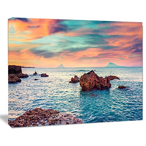Designart Sunrise on The Mediterranean Sea Art Print on Canvas, 12" H x 20" W x 1" D 1P, Blue
