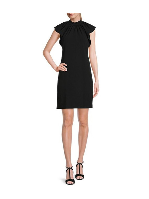 Calvin Klein Womens Black Stretch Ruched Zippered Ruffle Cap Sleeves Mock Neck Above The Knee Wear to Work Sheath Dress 4