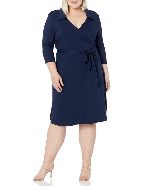 Star Vixen Women's Plus-Size 3/4 Sleeve Fauxwrap Dress, Navy Solid, 2X