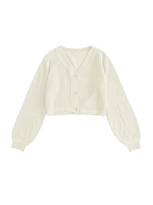 MakeMeChic Women's Solid V Neck Button Front Bishop Sleeve Cardigan Crop Top Beige M