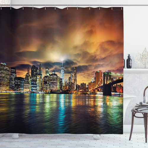 Ambesonne NYC Shower Curtain, View of Manhattan at Sunset with Dramatic Sky Clouds Dark Architecture Evening Picture, Cloth Fabric Bathroom Decor Set with Hooks, 69" W x 75" L, Brown Yellow