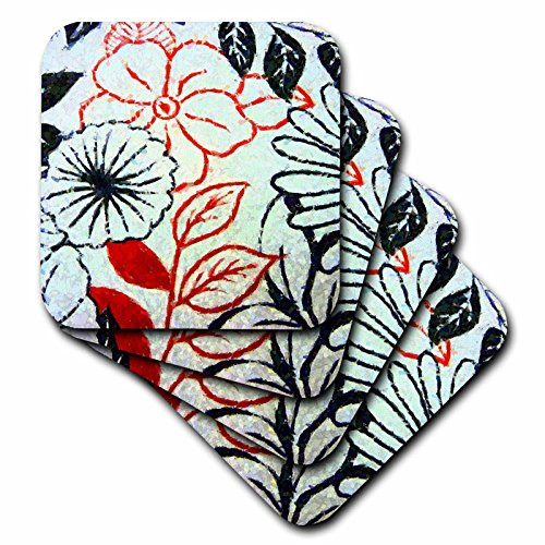3dRose cst_35170_2 Black White and Red Mosaic Floral-Soft Coasters, Set of 8