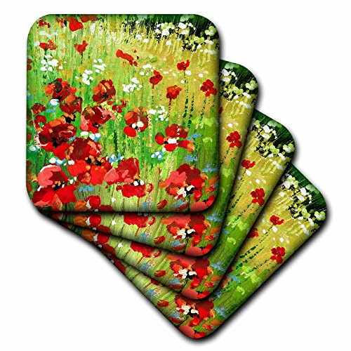 3dRose cst_41463_2 Painted Red Poppy Soft Coasters, Set of 8