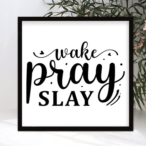 Family Quote Framed Wooden Wall Art Sign Christian Saying Wake Pray Slay Scripture Verses Framed Wooden Plaque Vintage Wood Sign for Laundry Room Entryway Coffee Bar Wall Decor 12x12in