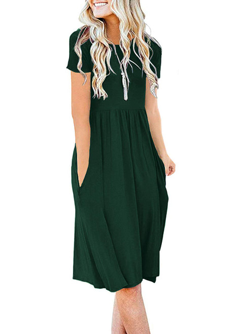 DB MOON Women Summer Casual Short Sleeve Dresses Empire Waist Knee Length Dress with Pockets (Dark Green, M) DB MOON Women Summer Casual Short Sleeve Dresses Empire Waist Knee Length Dress with Pockets (Dark Green, M)
