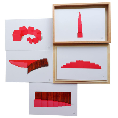 Kghios Montessori Pink Tower? Brown Stair and Long Red Rods Sensorial Cards with Wood Box ,Montessori Toys Materials for Toddlers Visual Sense , Early Educational Tools Preschool Learning Toys