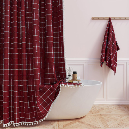 BTTN 78 Inch Long Shower Curtain - Boho Farmhouse Linen Ultra Thick Fabric Shower Curtain Set with Plastic Hooks, Tall Rustic Country Weighted Cloth Shower Curtains for Bathroom - Burgundy - 72x78 BTTN 78 Inch Long Shower Curtain - Boho Farmhouse Linen Ultra Thick Fabric Shower Curtain Set with Plastic Hooks, Tall Rustic Country Weighted Cloth Shower Curtains for Bathroom - Burgundy - 72x78
