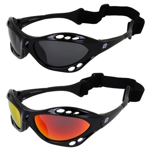 2 Pairs of Birdz Seahawk Padded Polarized Sunglasses w/Strap Water Sports Surfing Kayaking Jetski Black w/Smoke Lens & Red Mirror Lens